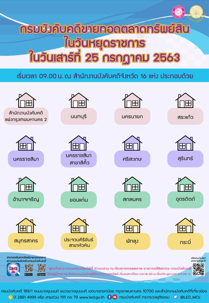 ﻿กรมบังคับคดีจัดขายทอดตลาดทรัพย์สินในวันหยุดราชการ วันเสาร์ที่ 25 กรกฎาคม 2563 